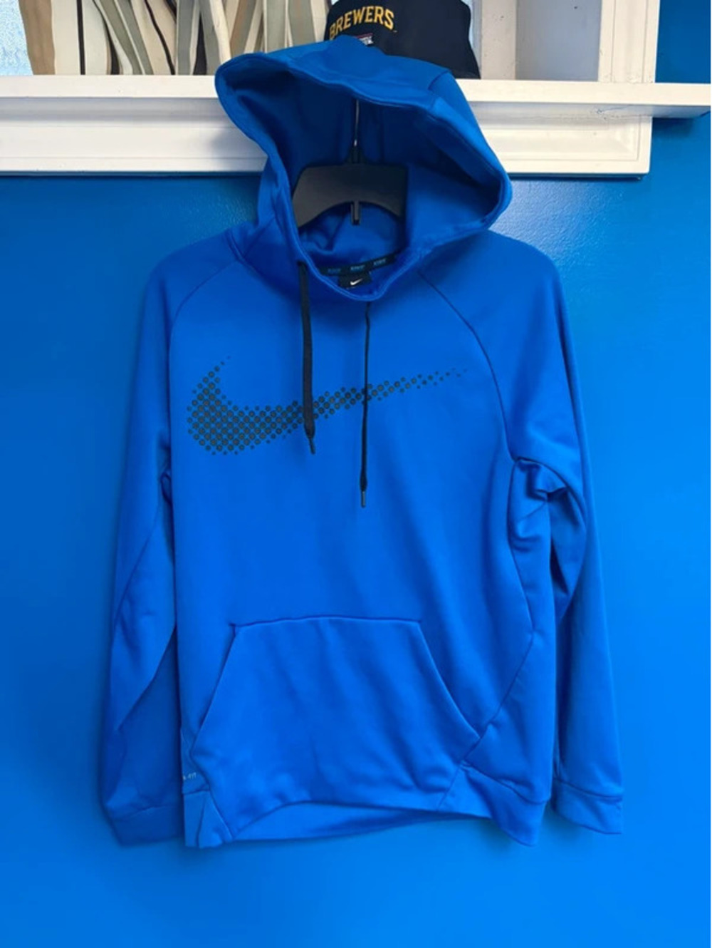Nike Therma-FIT Hoodie Mens Medium Blue Polka Dot Swoosh Pullover Sweatshirt